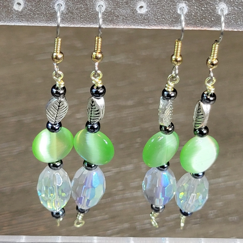 Handmade Green Cats Eye & Crystal AB Glass Beaded Earrings 1 Pair Pierced